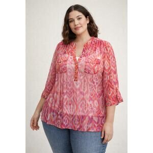 Zac Rachel Sheer Ikat Blouse Womens 1X Pink Orange Tunic Top